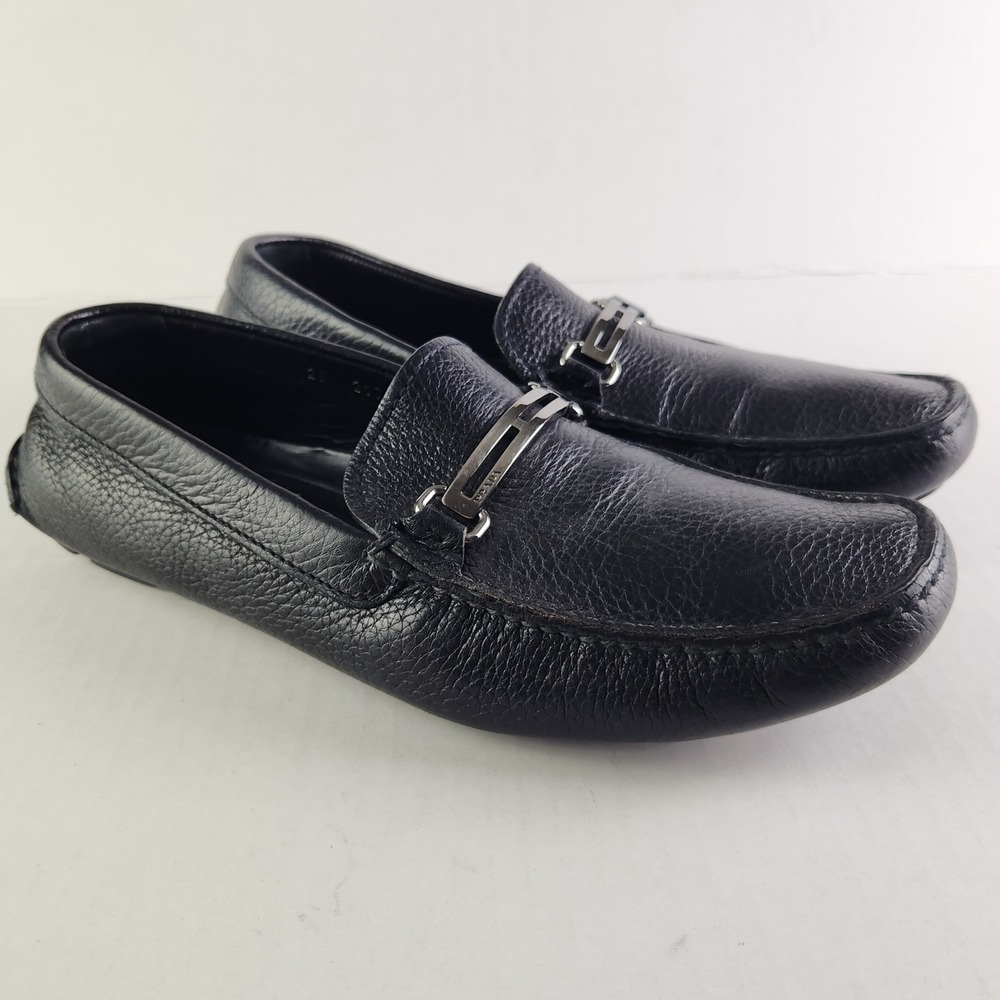 Prada Loafers Men's 6.5 Black Pebbled Leather Driving Shoes Metal Bit 2D 2172
